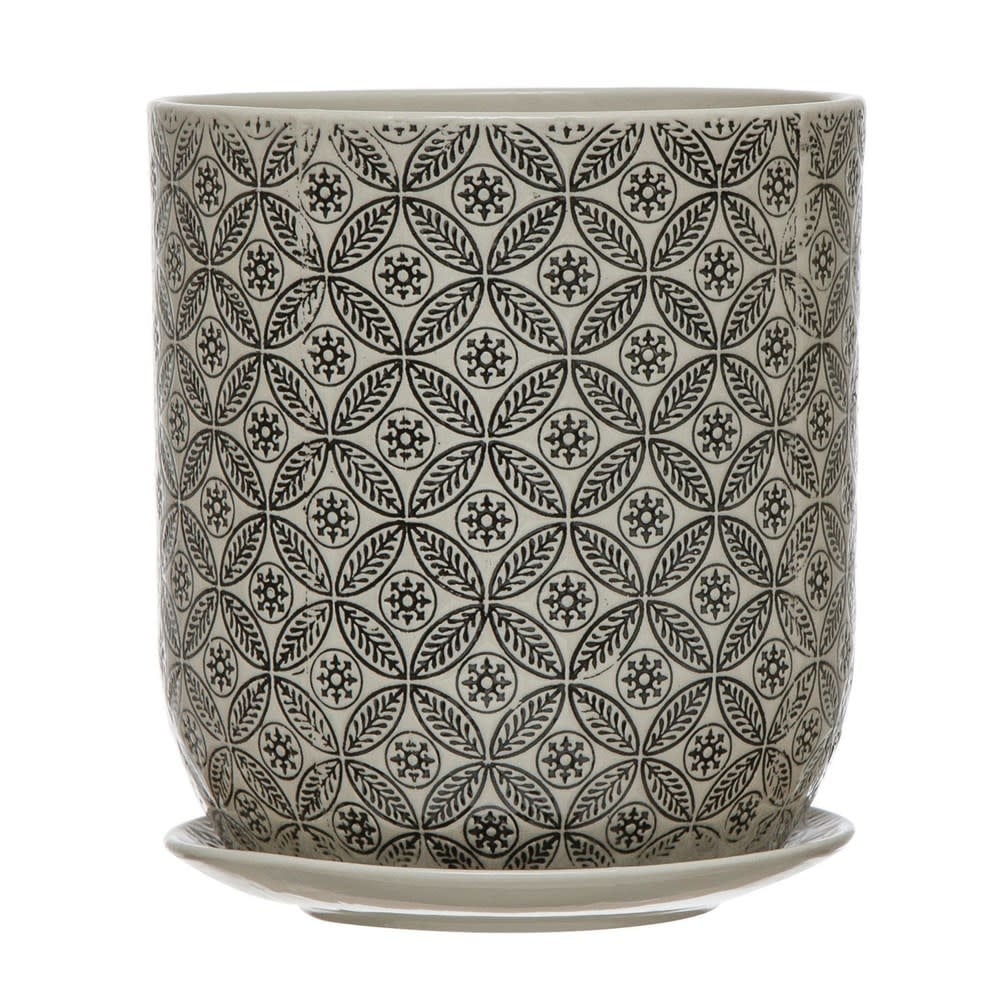 Hand-Stamped Stoneware Pot & Saucer w/ Embossed Pattern, Black & Cream Color — alternate view 8
