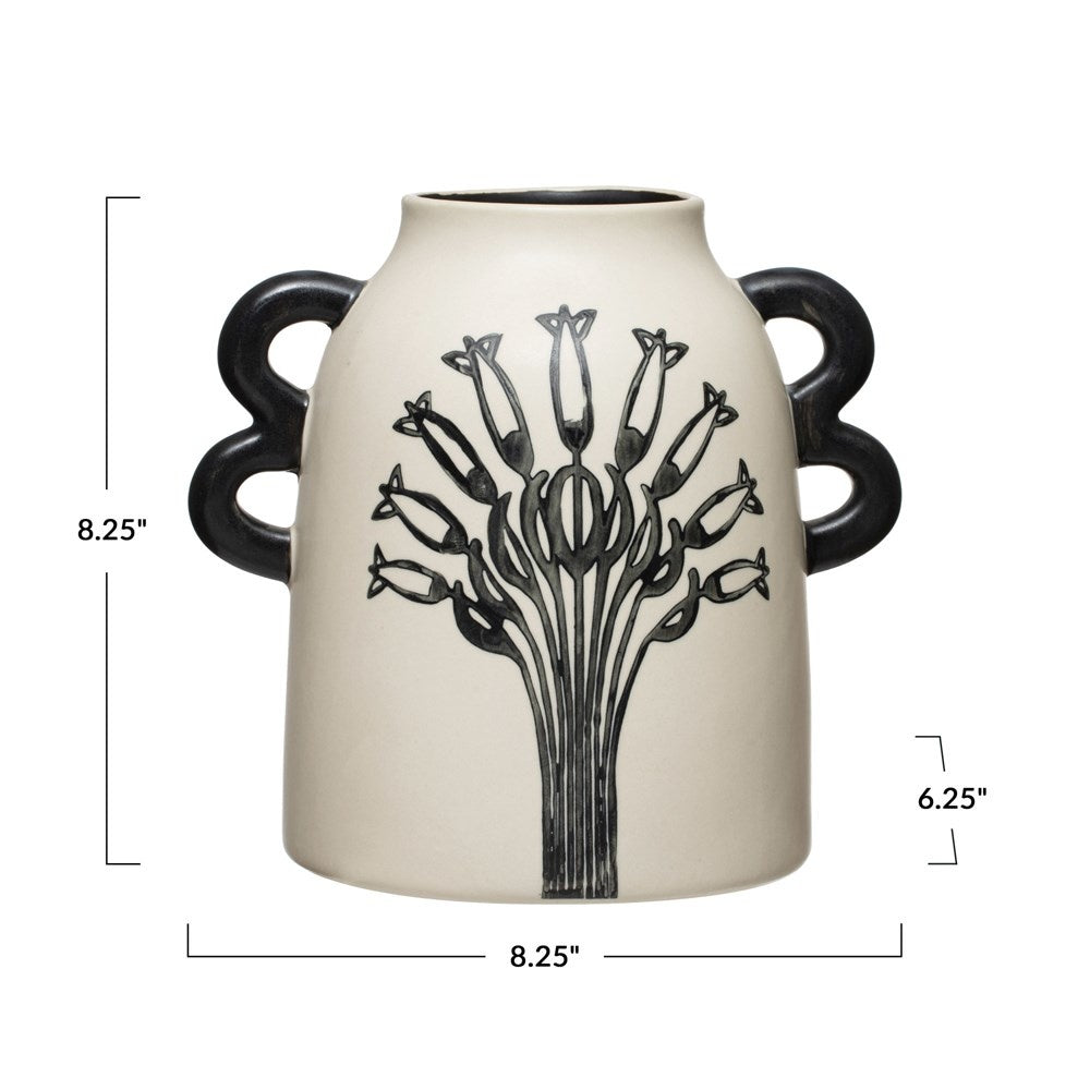 Hand-Painted Stoneware Vase with Handles & Flower, Black & White — alternate view 4