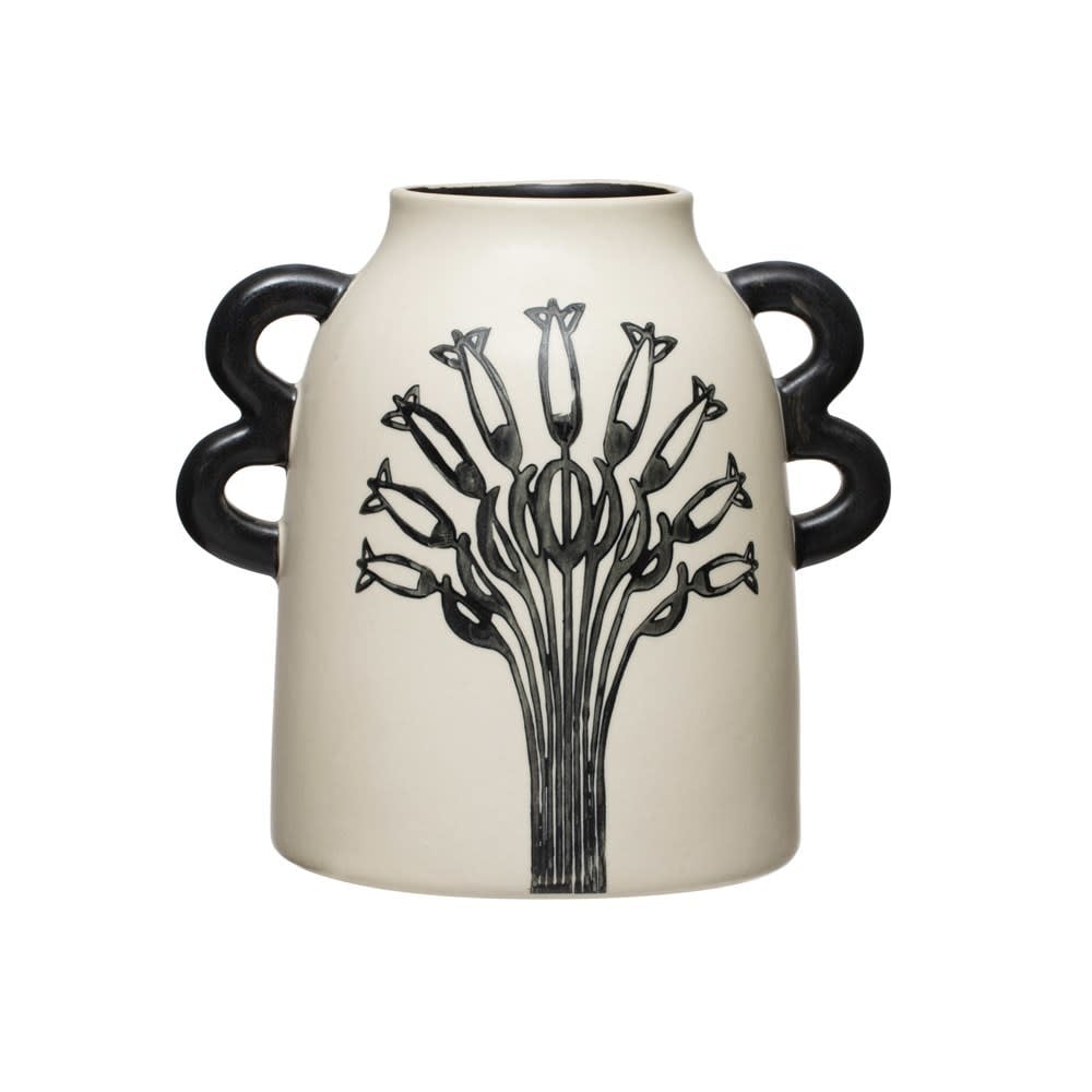 Hand-Painted Stoneware Vase with Handles & Flower, Black & White — alternate view 2
