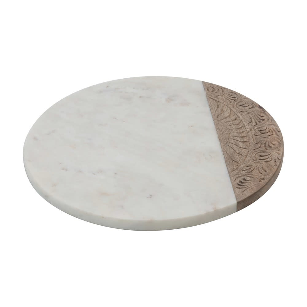 Hand-Carved Mango Wood & Marble Serving Board with Engraved Design, White & Natural- Circular — alternate view 3