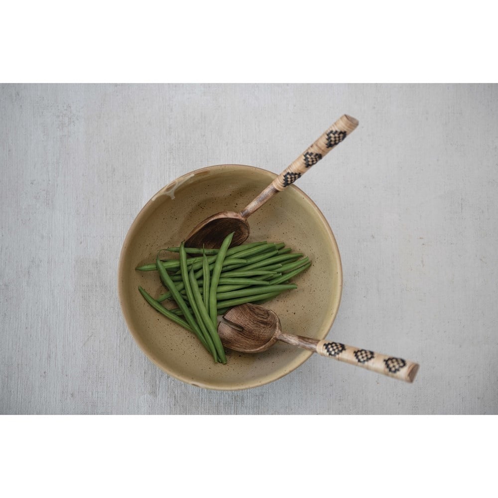 Mango Wood Salad Servers with Patterned Rattan Wrapped Handles, Set of 2 in Drawstring Bag — alternate view 2