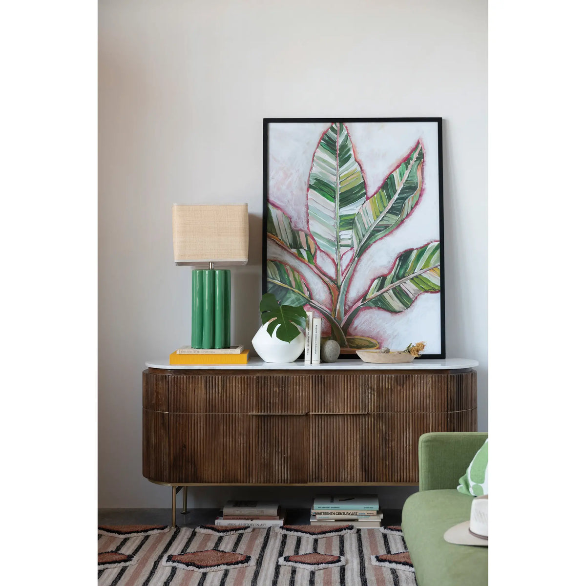Ribbed Mango Wood Console Table With Marble Top