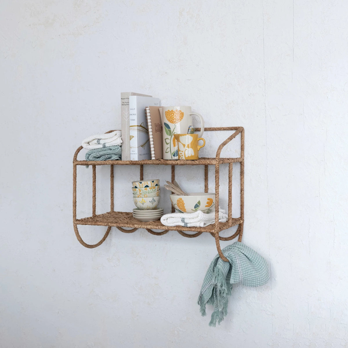 Hand-Woven Water Hyacinth & Metal 2-Tier Wall Shelf — alternate view 4