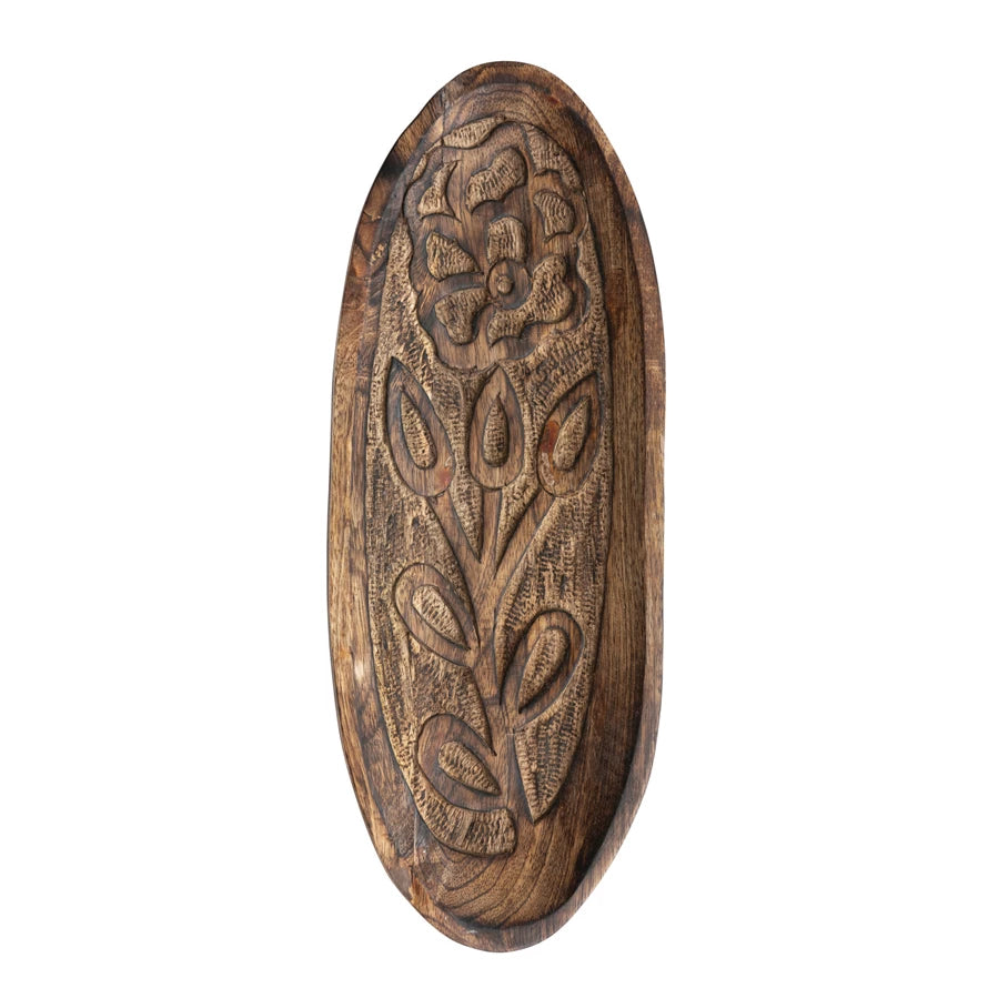 Decorative Hand-Carved Mango Wood Tray w/ Flower — alternate view 2