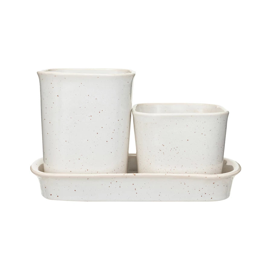 Stoneware Planters/Containers/Saucer, Set of 3 — alternate view 2