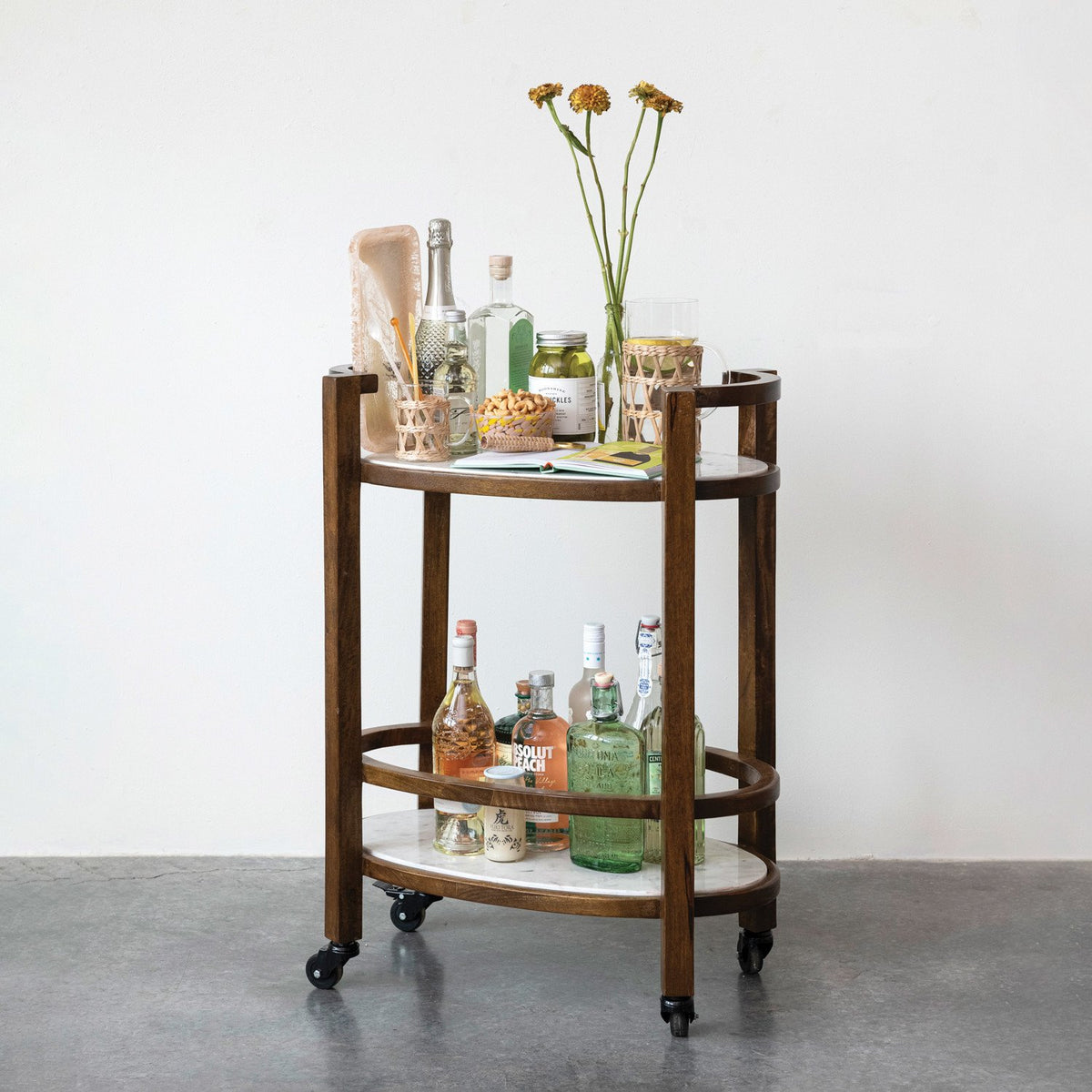 Mango Wood 2-Tier Bar Cart on Casters — alternate view 3