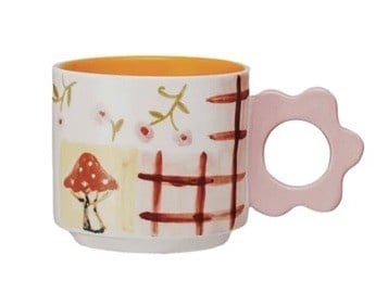 Hand-Painted Stoneware Mug With Flower Shaped Handle, 4 Styles — alternate view 5