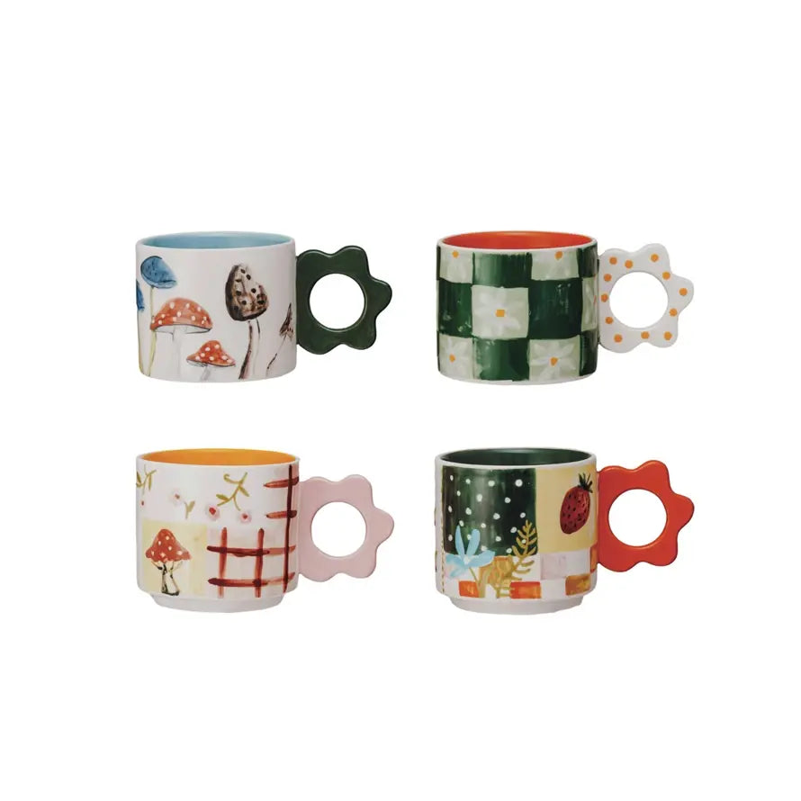 Hand-Painted Stoneware Mug With Flower Shaped Handle, 4 Styles