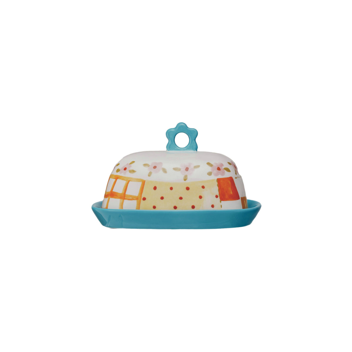 Hand-Painted Stoneware Butter Dish With Flower Shaped Handle — alternate view 4