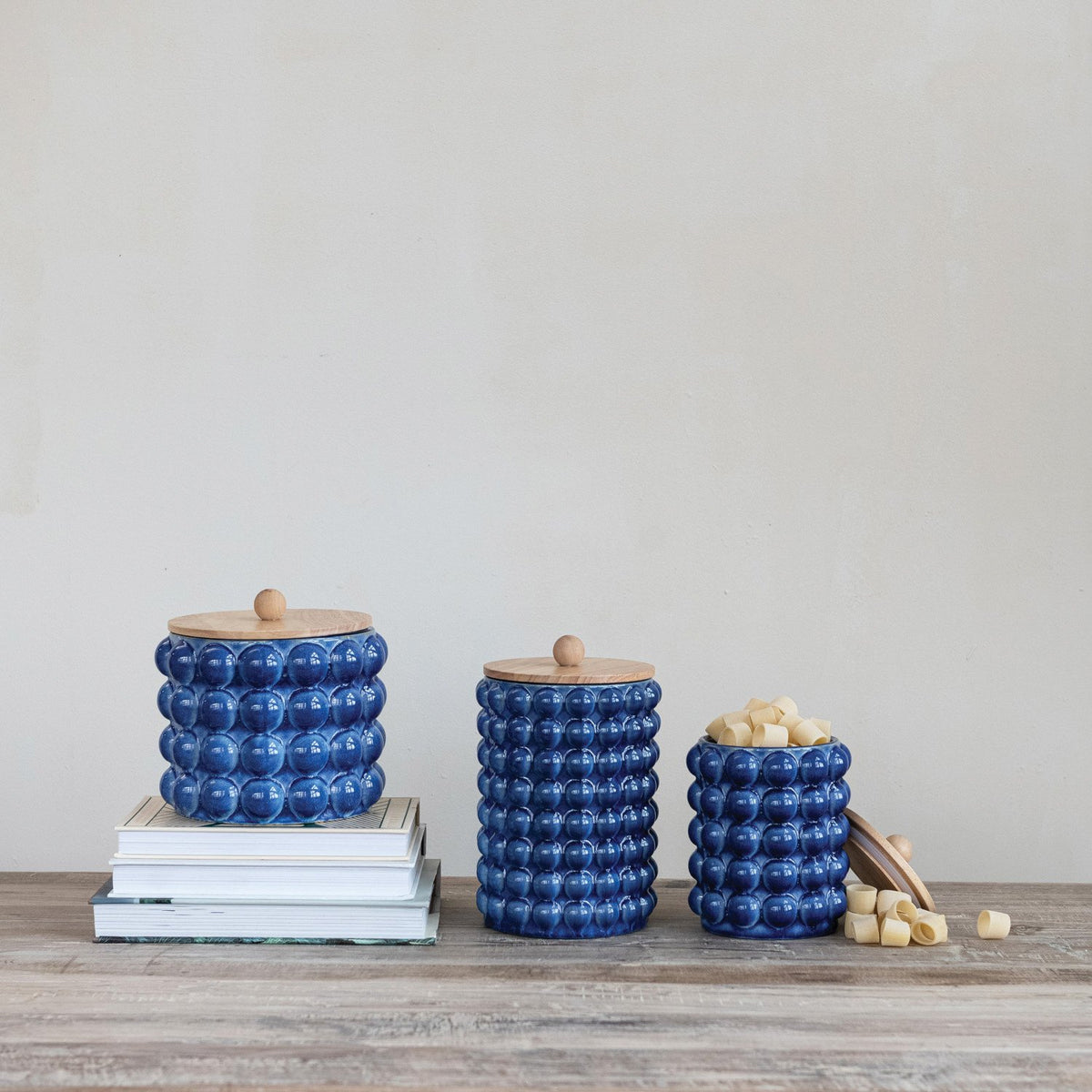 Stoneware Canister with Raised Dots & Wood Lid