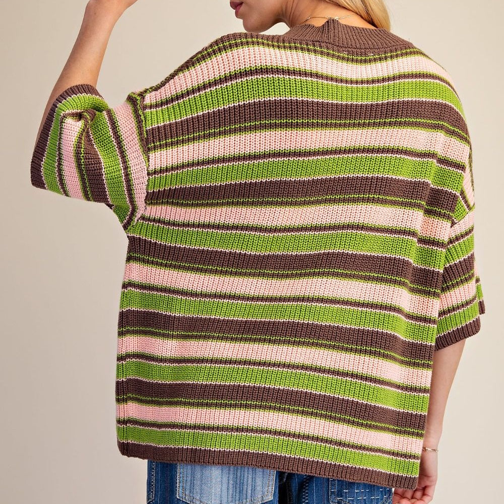 Back view of a striped knit sweater featuring brown, green, and pink horizontal lines.