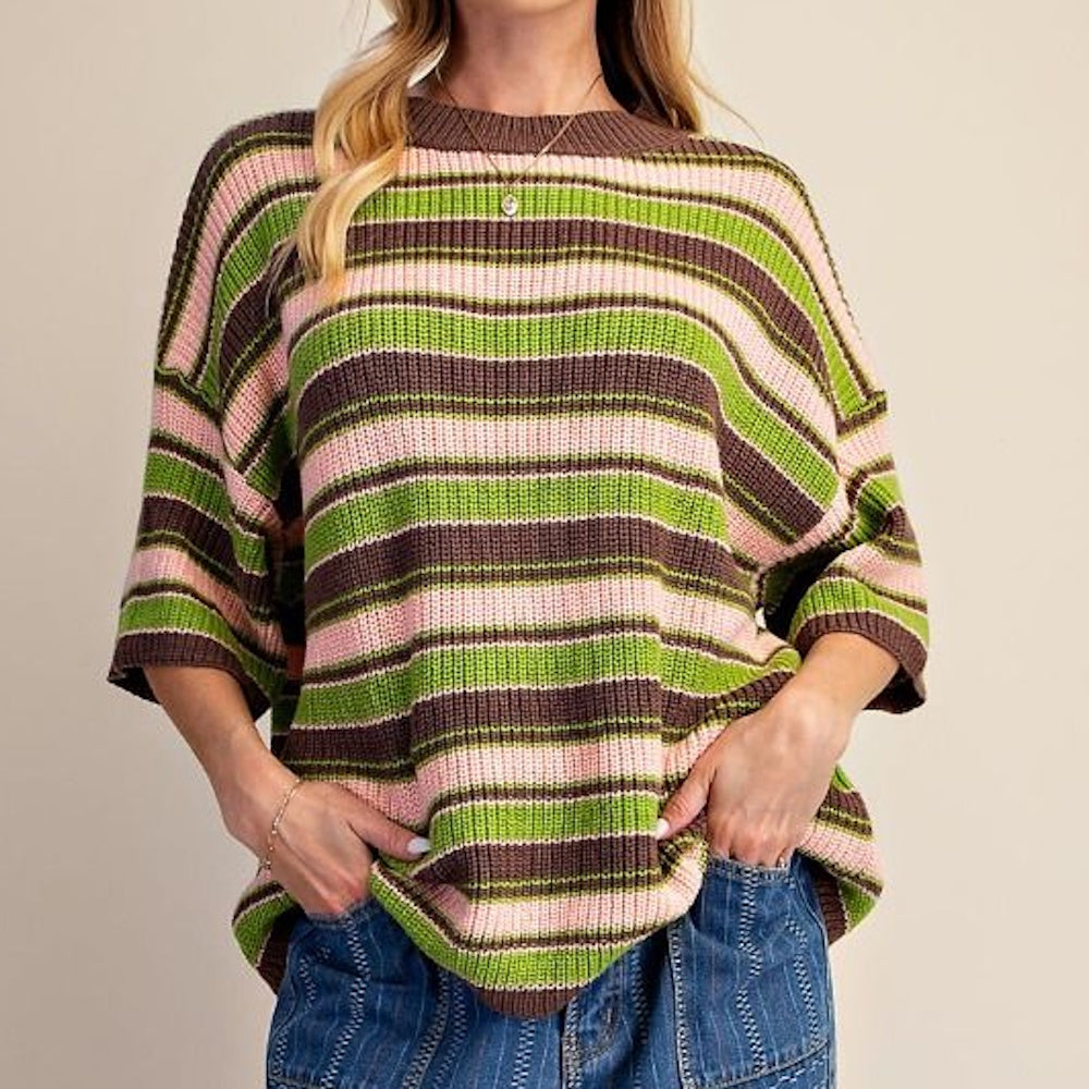 Front view of a striped knit sweater featuring brown, green, and pink horizontal lines.