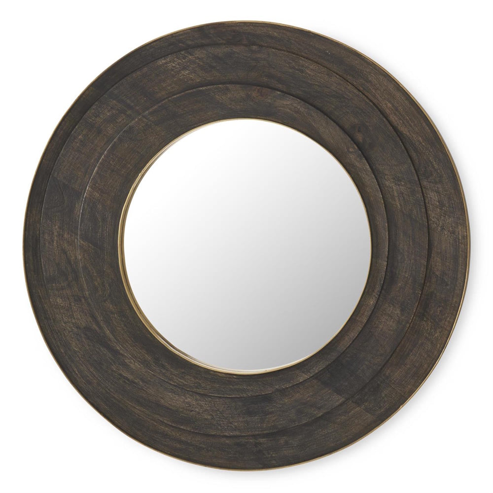 Round rustic wall mirror with distressed dark brown wood-textured frame and thin gold metal inner and outer trim.