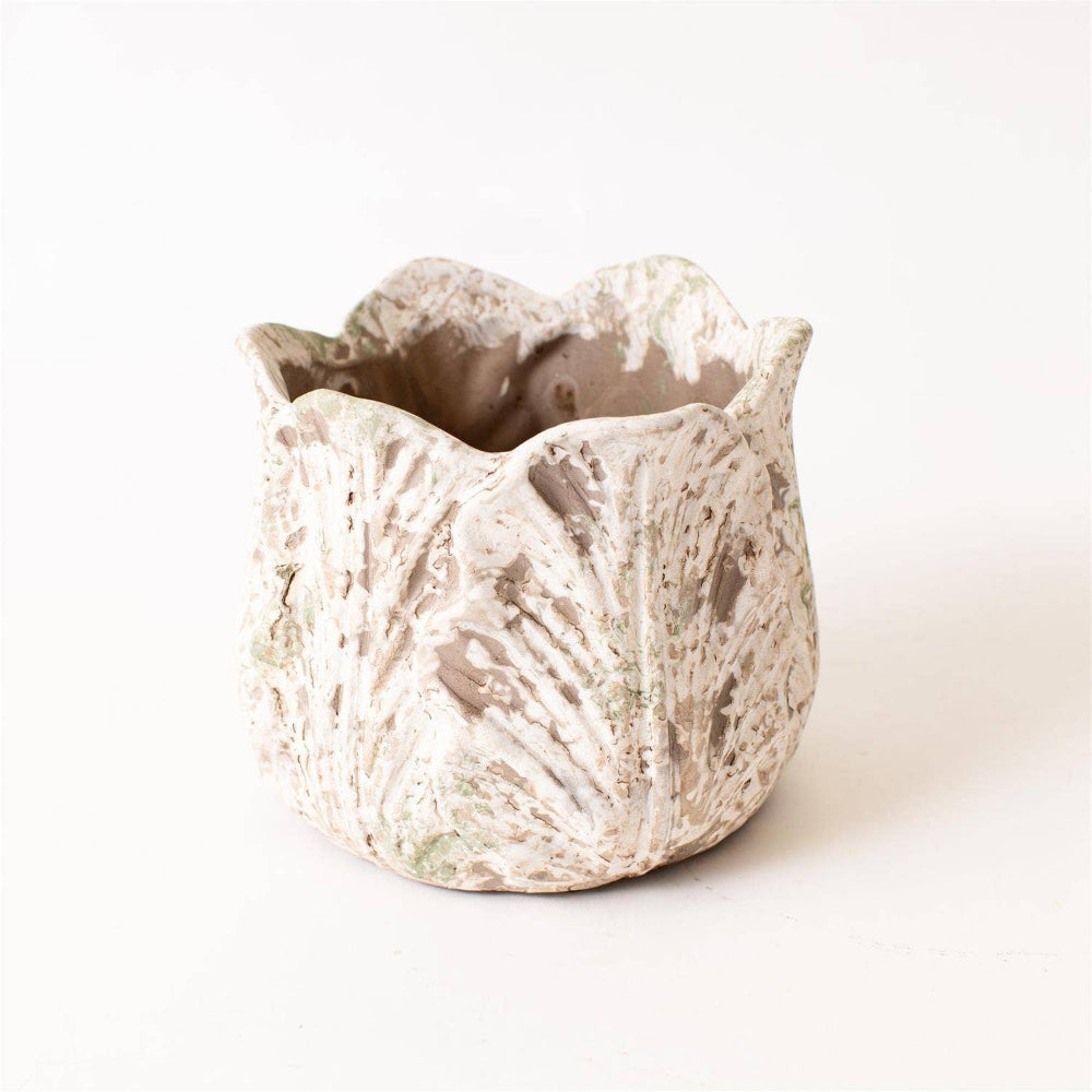 Distressed white leaf design ceramic planter with rustic texture and scalloped rim, vintage-style flower pot for home decor.