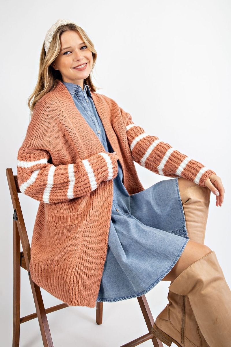 Striped Long Sleeve Knitted Cardigan-Terra Cotta — alternate view 2