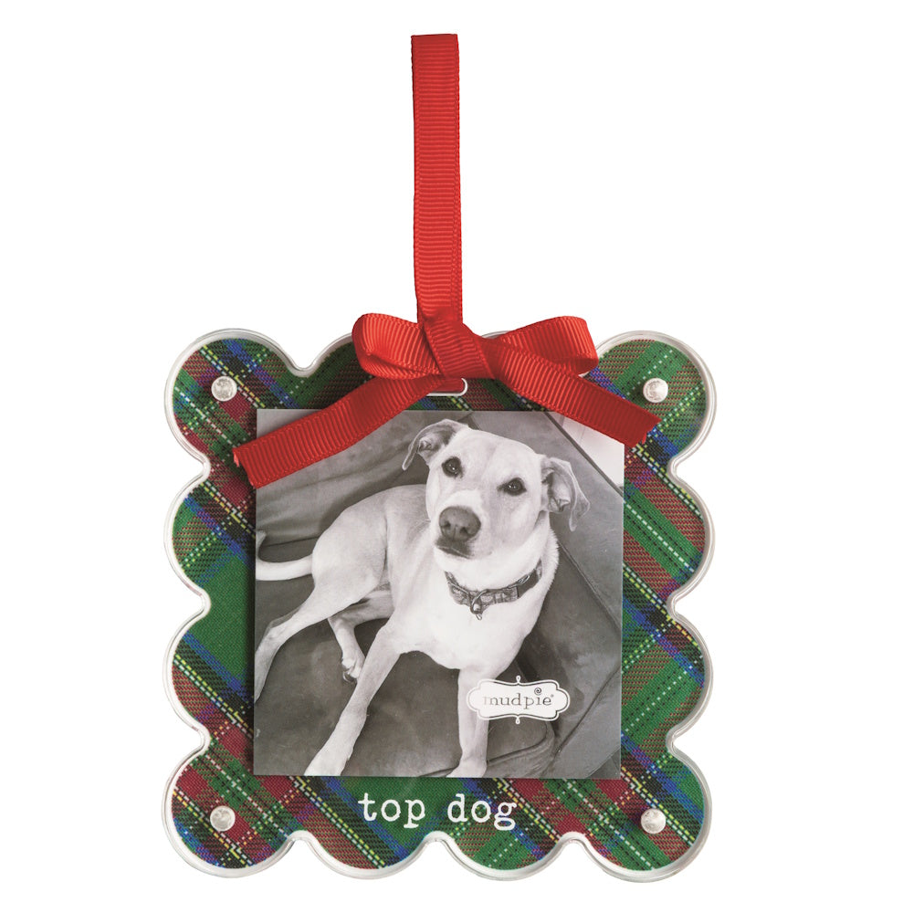 Dog tartan photo ornament with a red ribbon and "top dog" text.