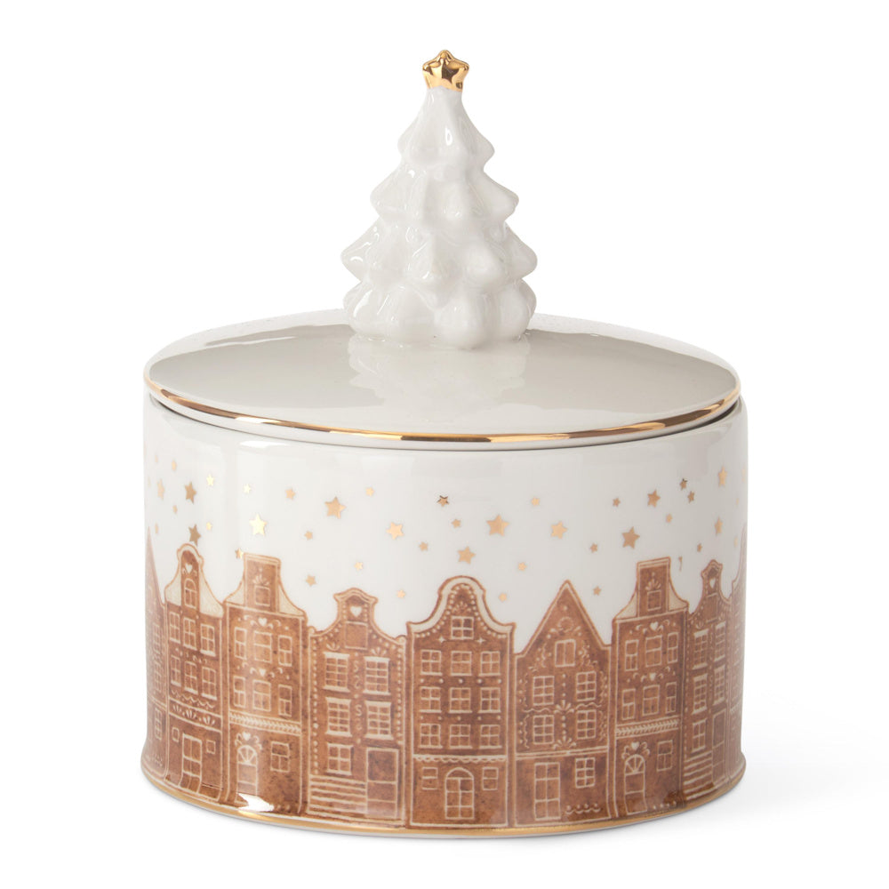 Dolomite Holiday Container with Cityscape & Christmas Tree Lid