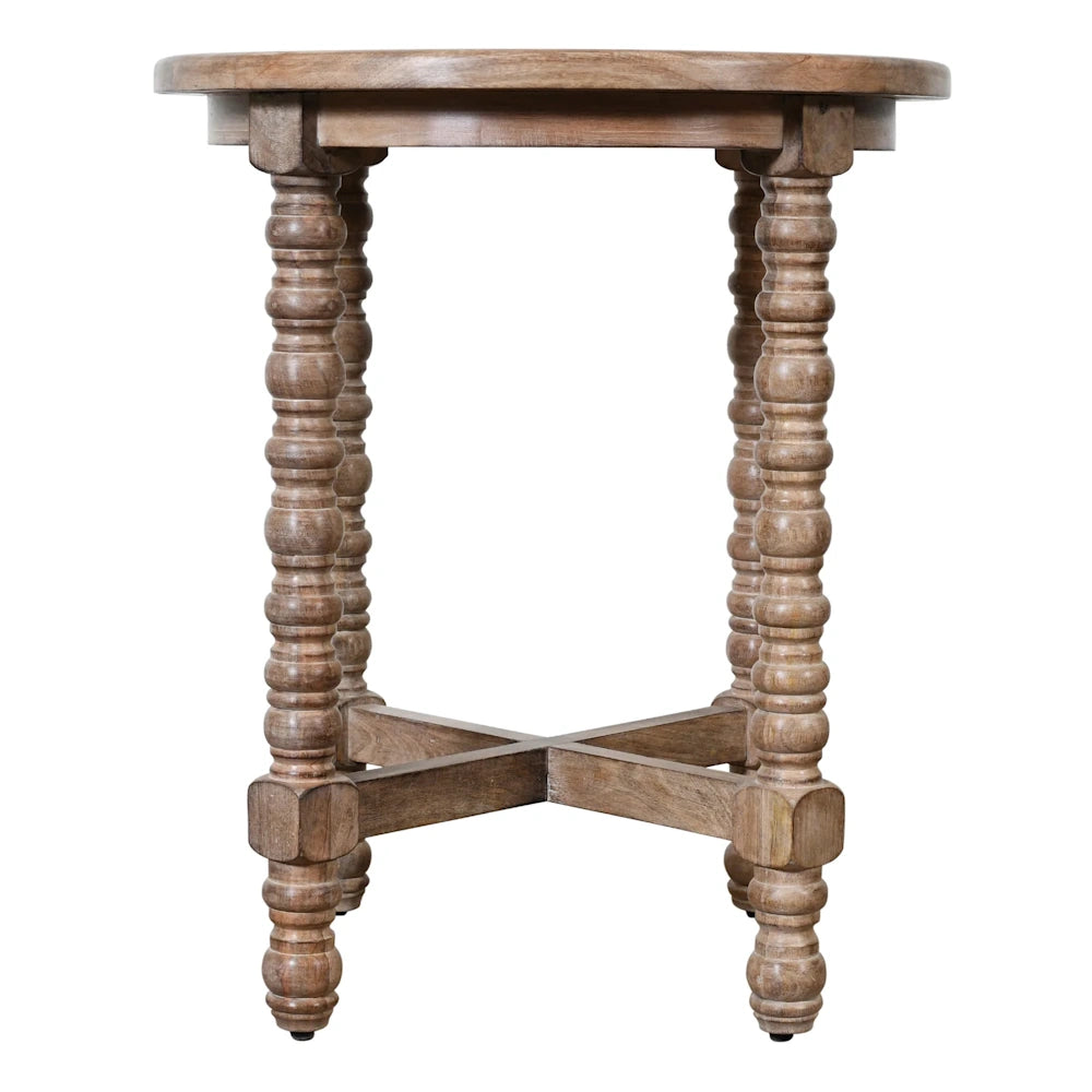 Natural wood accent table with round top, turned spindle legs and cross stretcher base design.