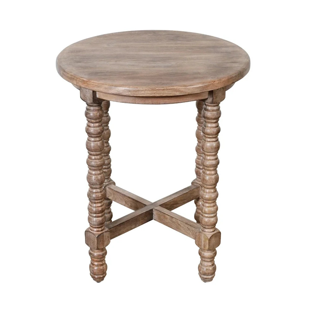 Natural wood accent table with round top, turned spindle legs and cross stretcher base for rustic decor.