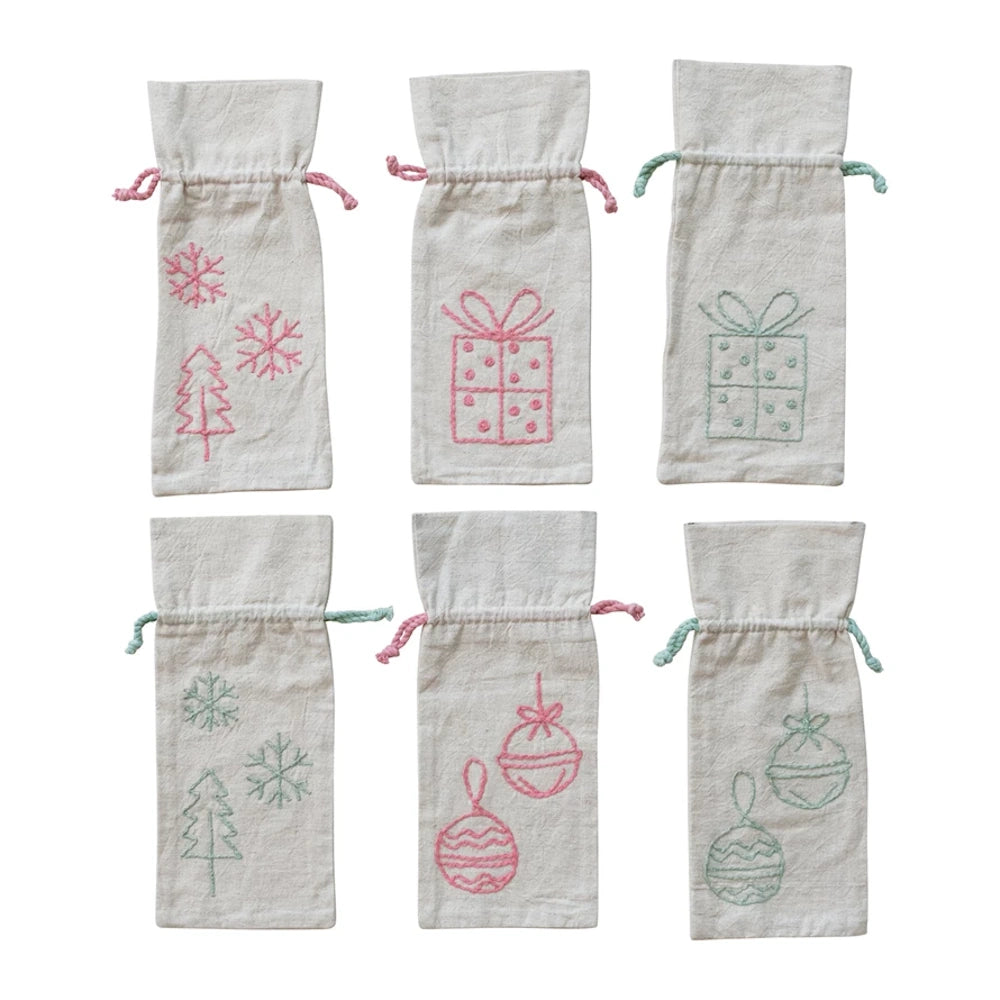 Drawstring Wine Bag with Embroidered Holiday Icon