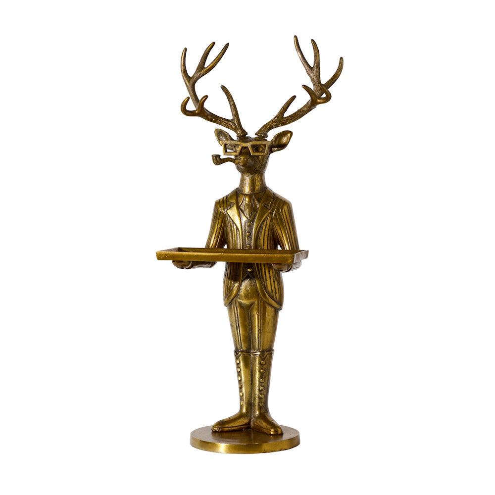 Bronze stag butler statue wearing a suit, glasses, and pipe, holding a tray.