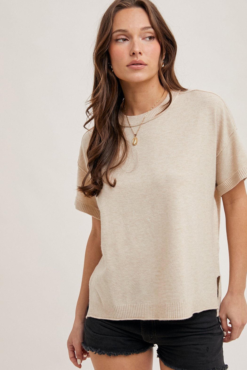 Crew Neck Knit T-Shirt Oatmeal — alternate view 3