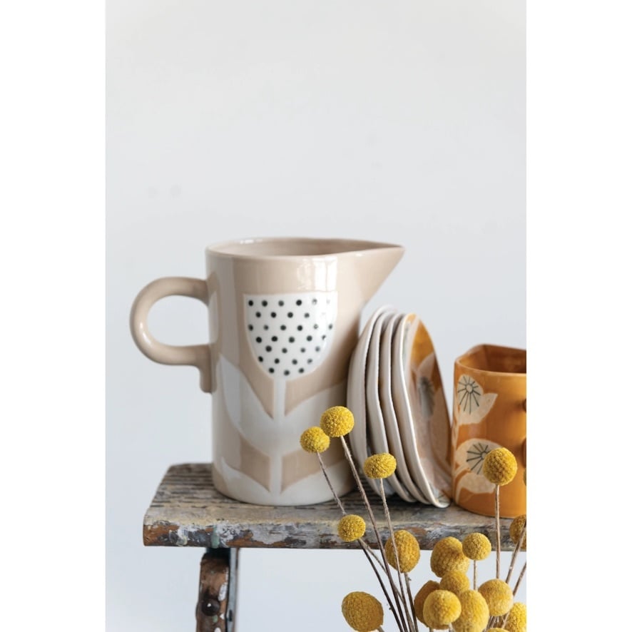 Hand-Painted Stoneware Pitcher w/ Flower, Pink — alternate view 3