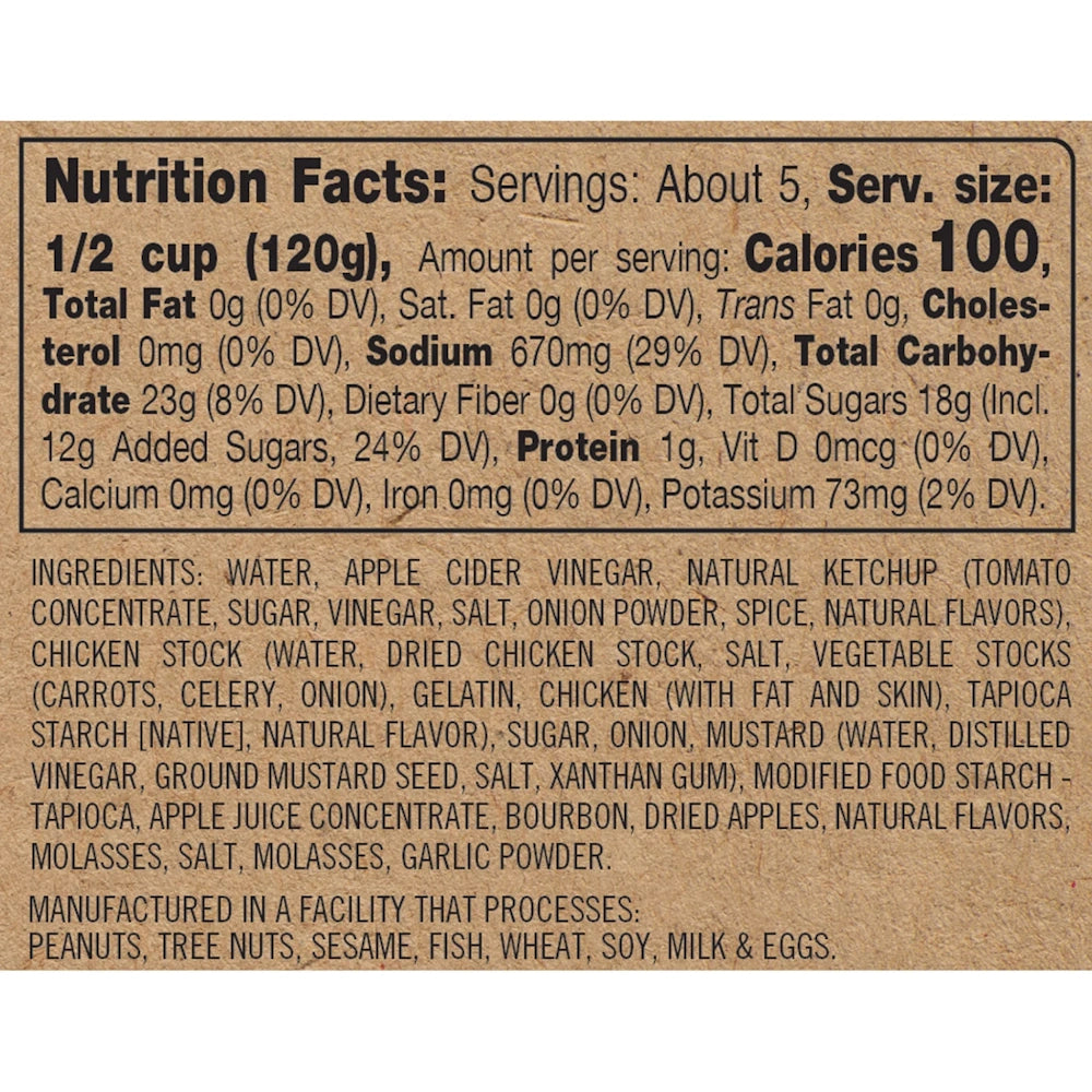 Nutrition Facts and ingredients label for Apple Bourbon Pulled Pork Starter on a brown paper background.