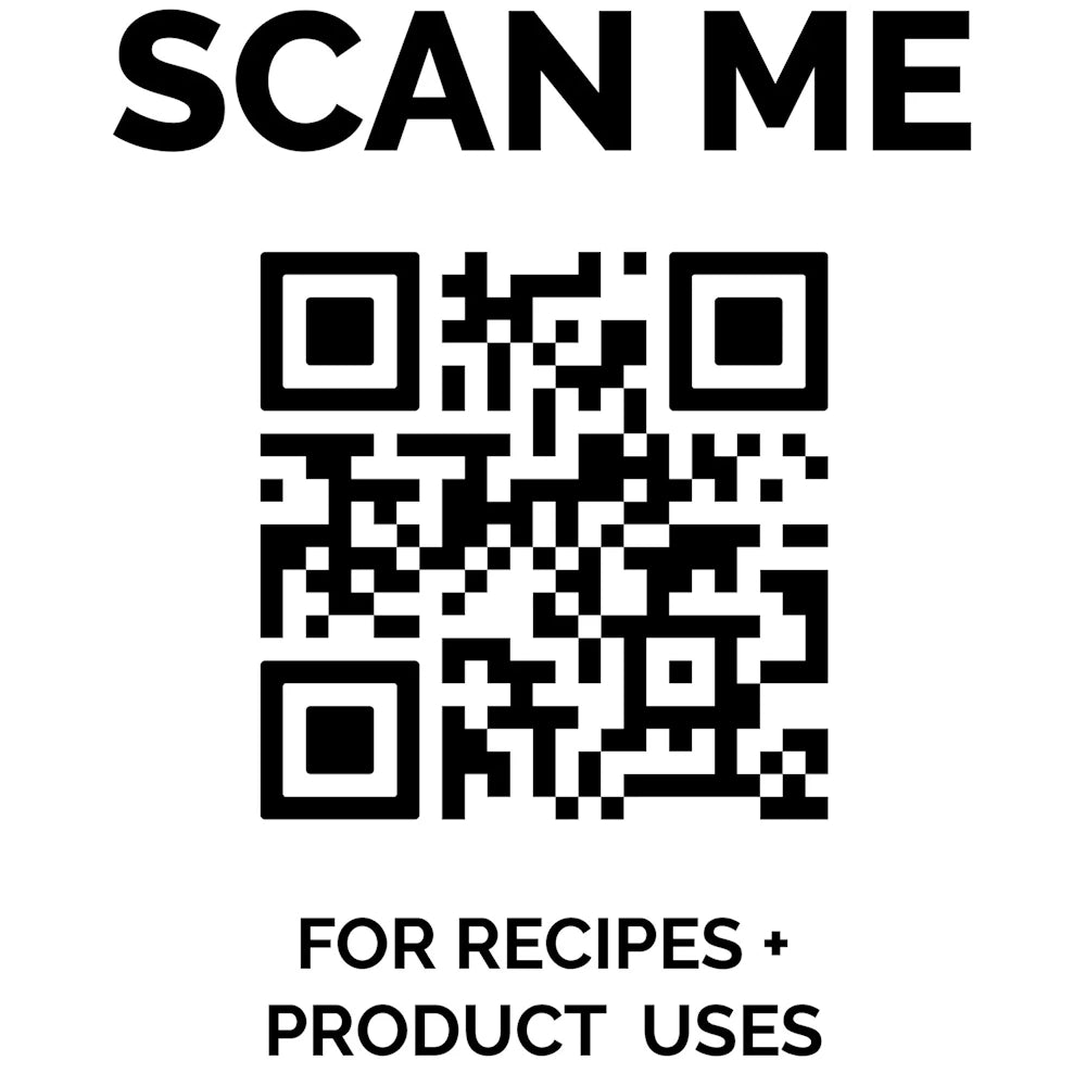 QR code with "SCAN ME" text for recipes and product uses.