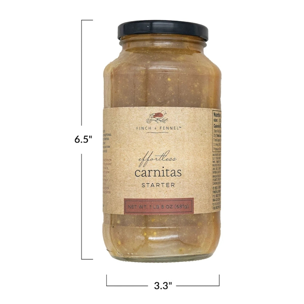 Finch + Fennel Effortless Carnitas Starter jar, 1 lb 8 oz, with dimensions 6.5 inches by 3.3 inches.