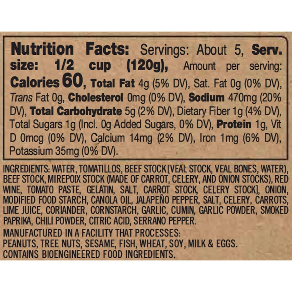 Nutrition facts and ingredients label for a carnitas starter jar, including 60 calories and a list of stocks and spices.