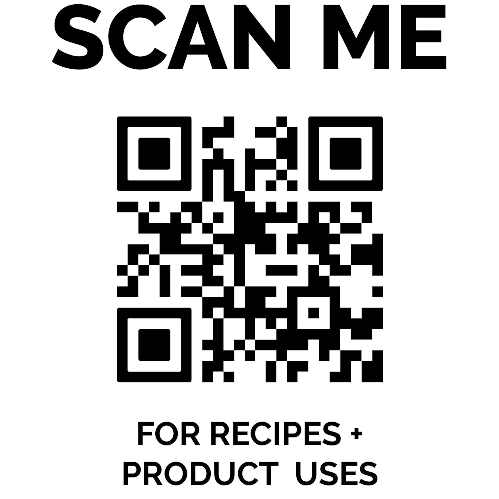 QR code titled "SCAN ME" for recipes and product uses.