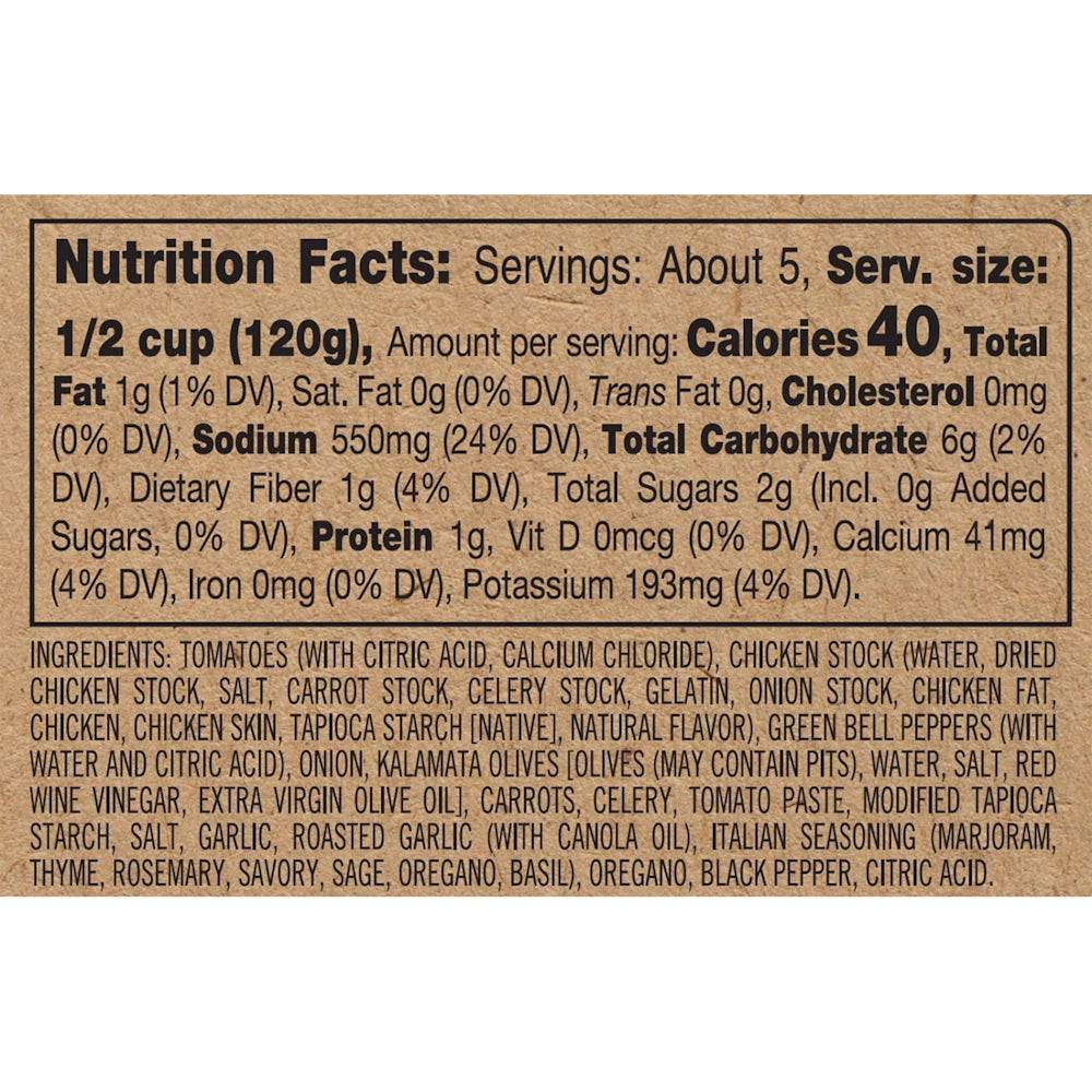 Nutrition label for Tuscan Chicken Starter showing 40 calories and ingredients like tomatoes, chicken stock, and olives.
