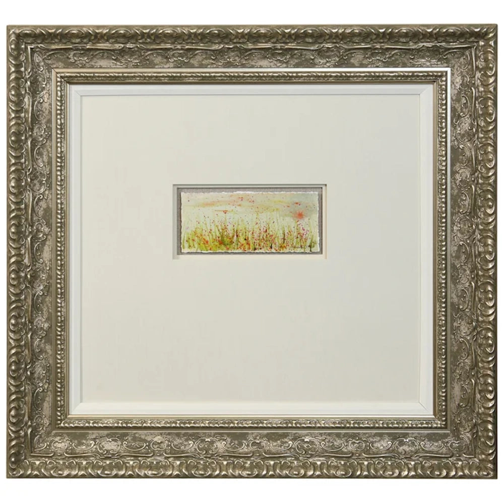 Framed landscape painting by Tamara Day featuring a small, ethereal field of wildflowers in an ornate silver baroque frame.