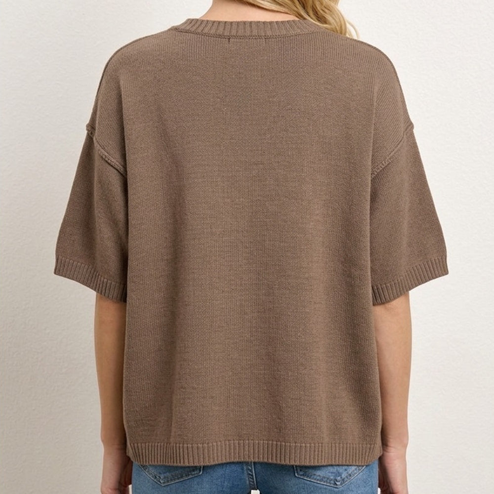 Back view of a mocha brown short-sleeve knit sweater with a crew neckline.