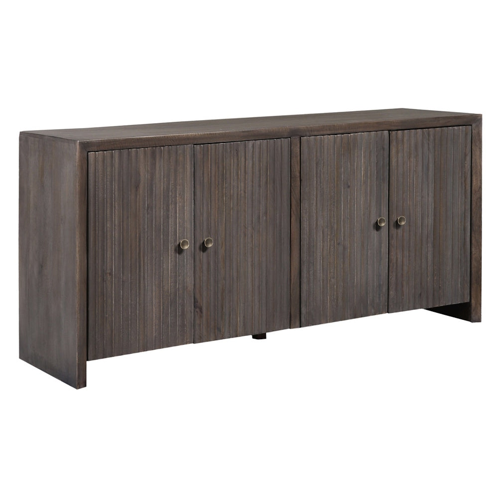 Dark brown wood sideboard with textured vertical slats and four doors featuring brass knobs on a white background.