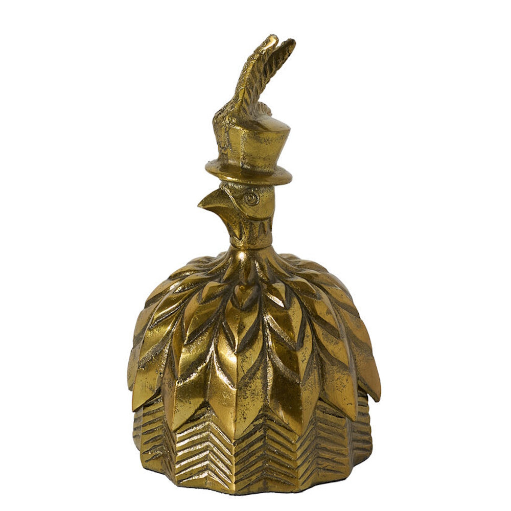 Antique gold decorative box shaped like a bell featuring a feathered bird wearing a top hat.