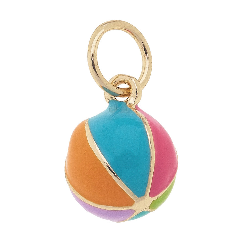 A spherical gold charm resembling a beach ball with colorful enamel sections in orange, blue, and pink.