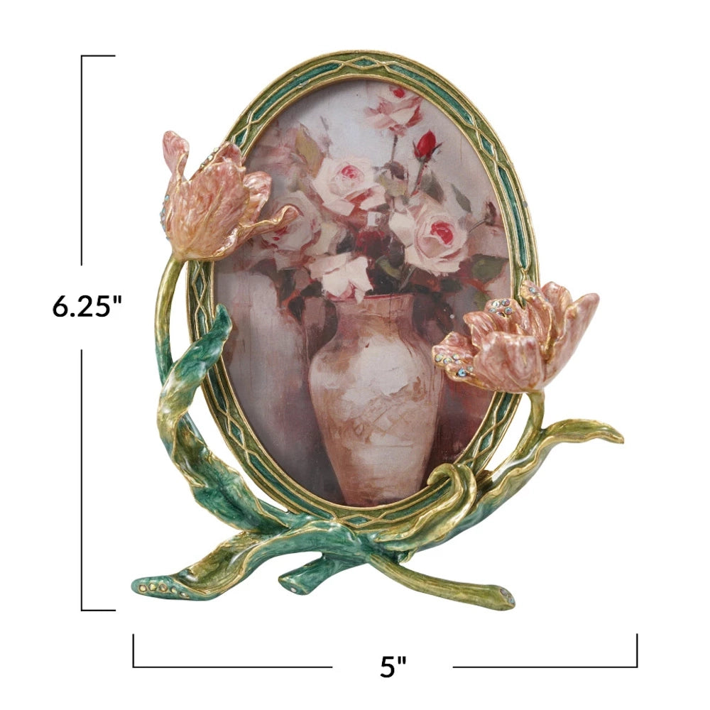 Ornamental 6.25 by 5 inch oval flower frame with pink jeweled tulips, green enamel vines, and rose artwork.