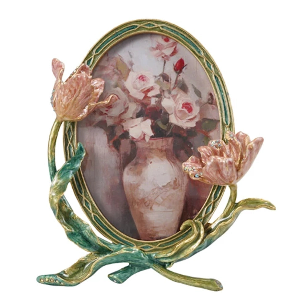 Enameled metal oval photo frame with 3D pink jeweled flowers, green vines, and an antique floral rose print.