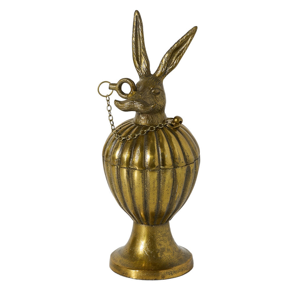 Antique gold decorative box shaped like a pedestal urn featuring a rabbit with a mustache and monocle.