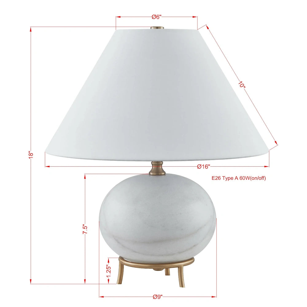 Essie white marble table lamp with tapered fabric shade, brass base, and detailed dimensions for interior design.