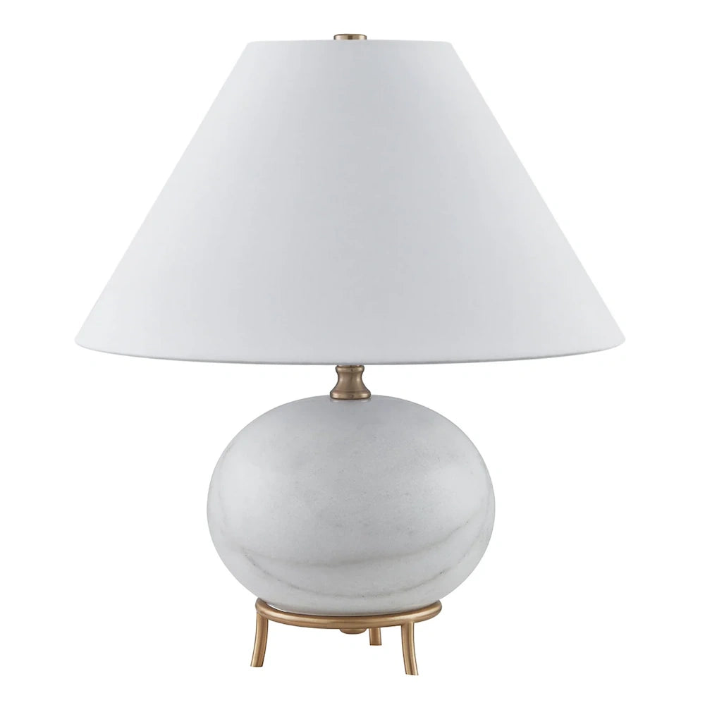 Modern Essie table lamp with a white marble sphere base, gold metal tripod legs, and a tapered white fabric shade.
