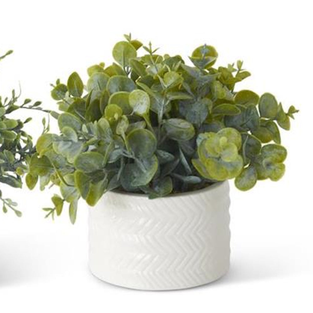 Artificial eucalyptus plant in a small, white textured ceramic pot.