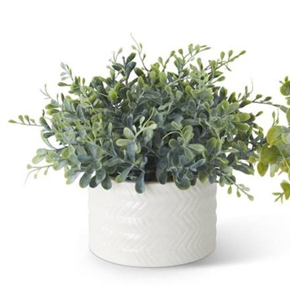 Potted faux eucalyptus plant in a white textured ceramic vase on a white background.