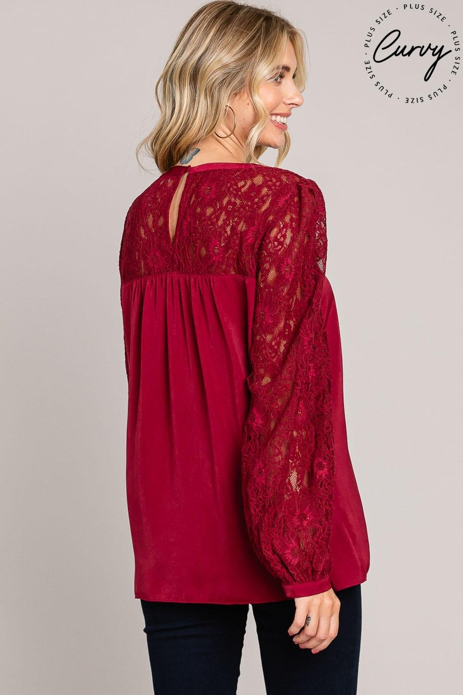 Soft Satin Blouse With Contrast Lace Neck — alternate view 3
