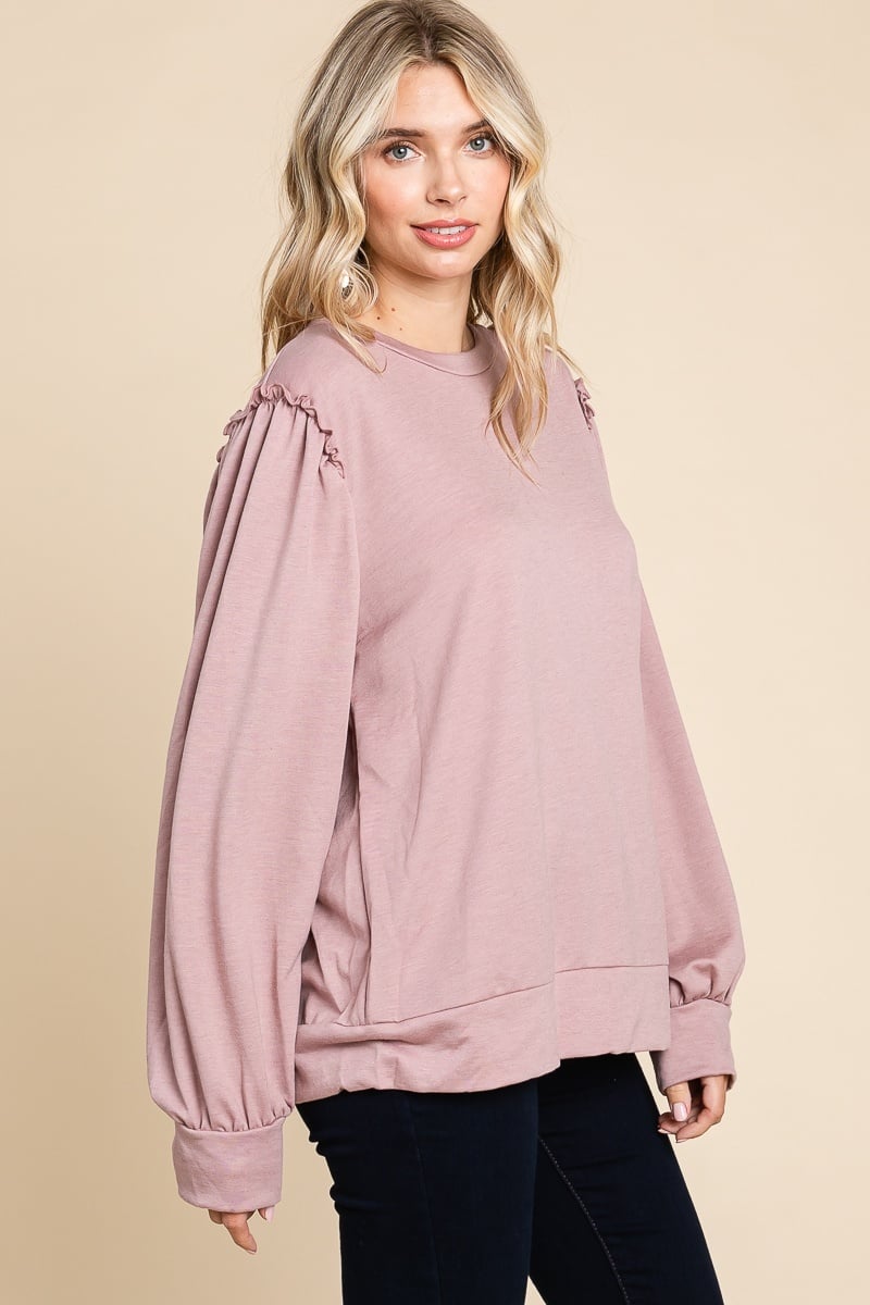 Women's Solid Round Neck Knit Top with Ruffle — alternate view 3