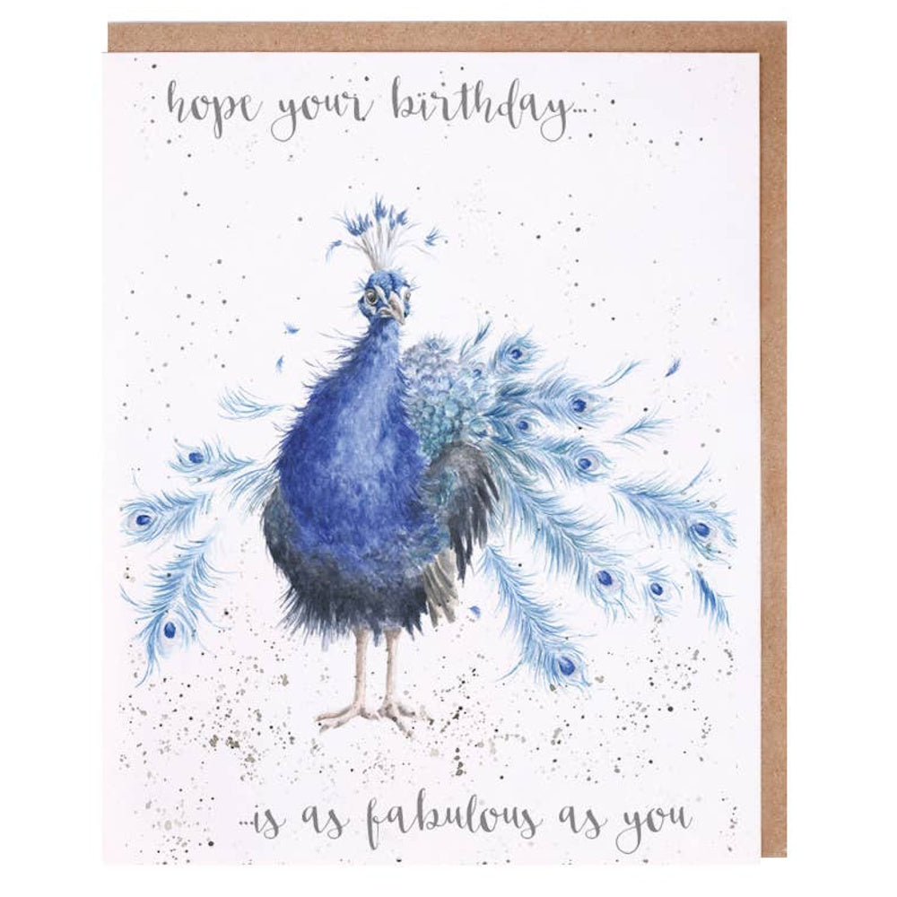 Watercolor peacock birthday card with blue feathers and text "hope your birthday... is as fabulous as you" on white.