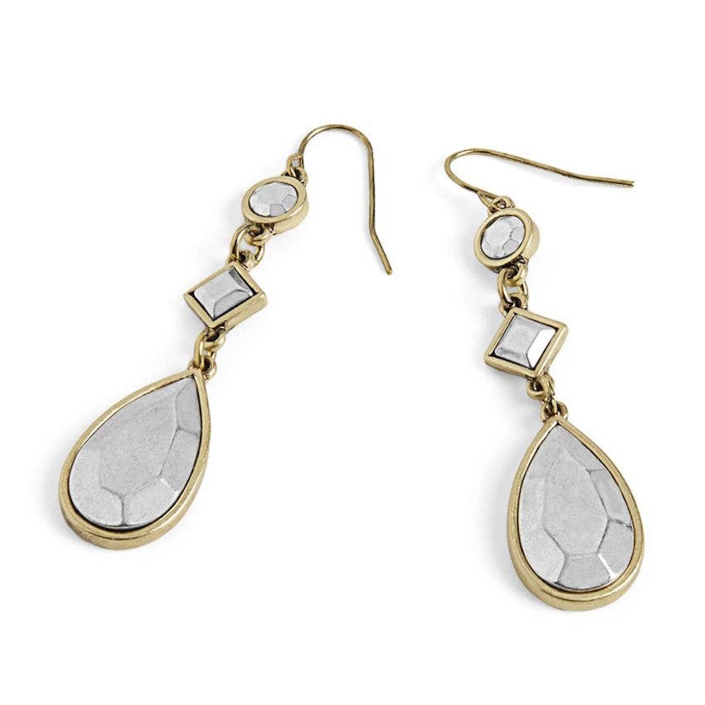 Faceted silver teardrop dangle earrings with gold geometric accents and fishhook wires.