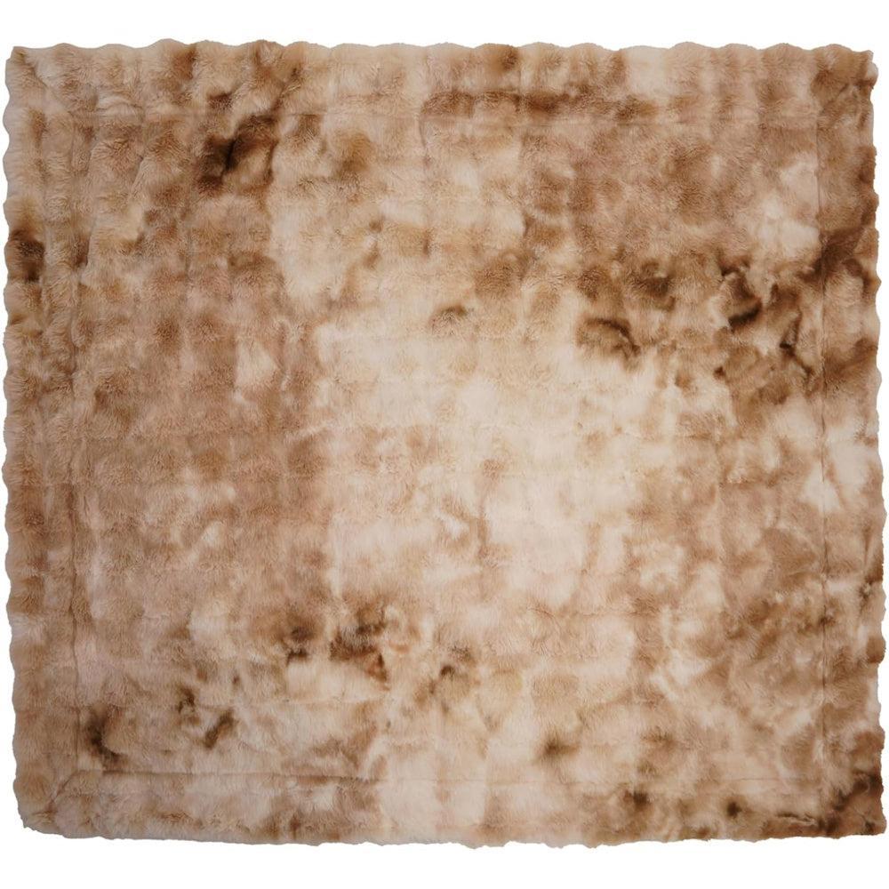 Square tan and brown acid-wash faux fur throw blanket with a velvet reverse, showcasing a soft, dappled plush texture.